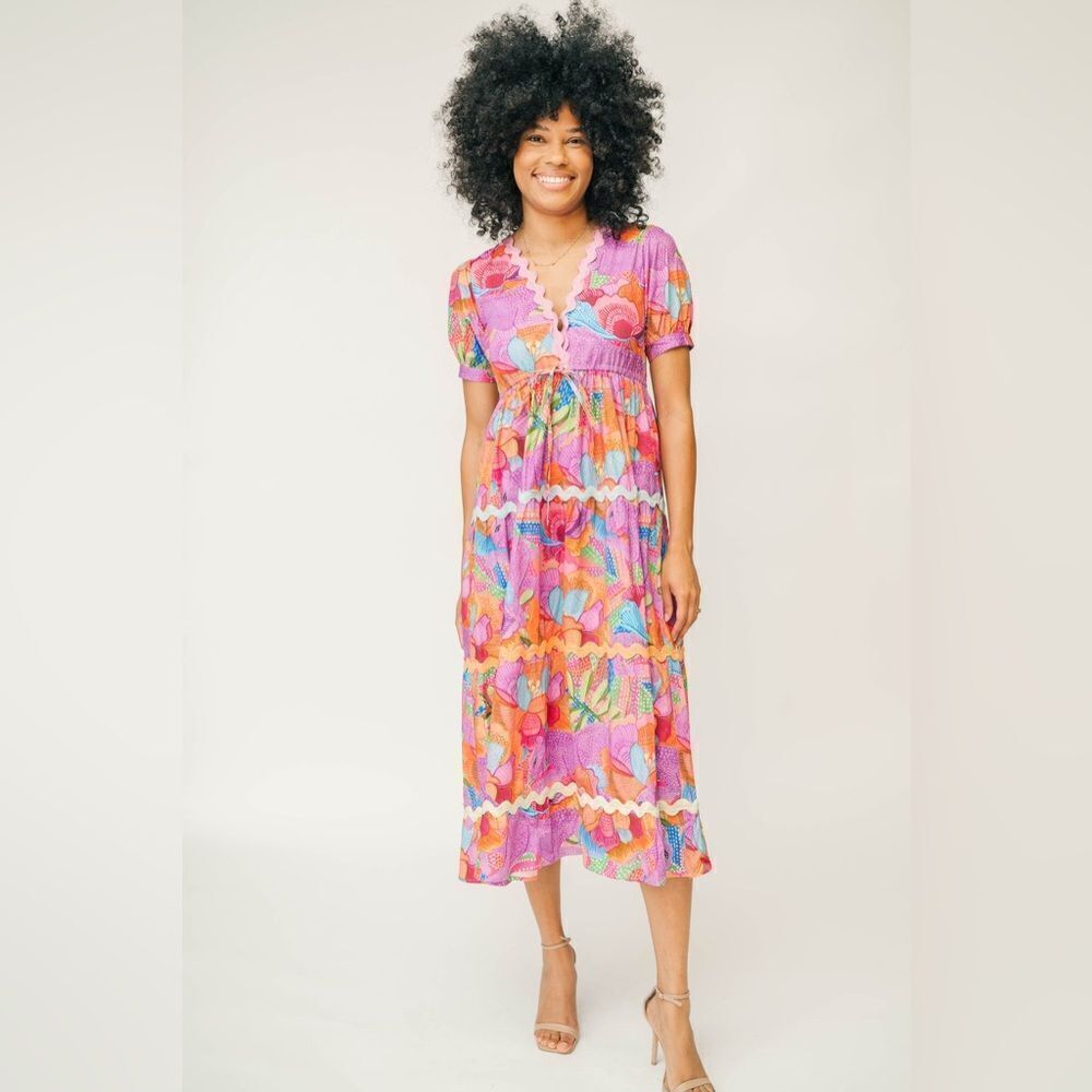 Marié Victoria Dunn Pink and Orange Puff Sleeve Maxi Dress